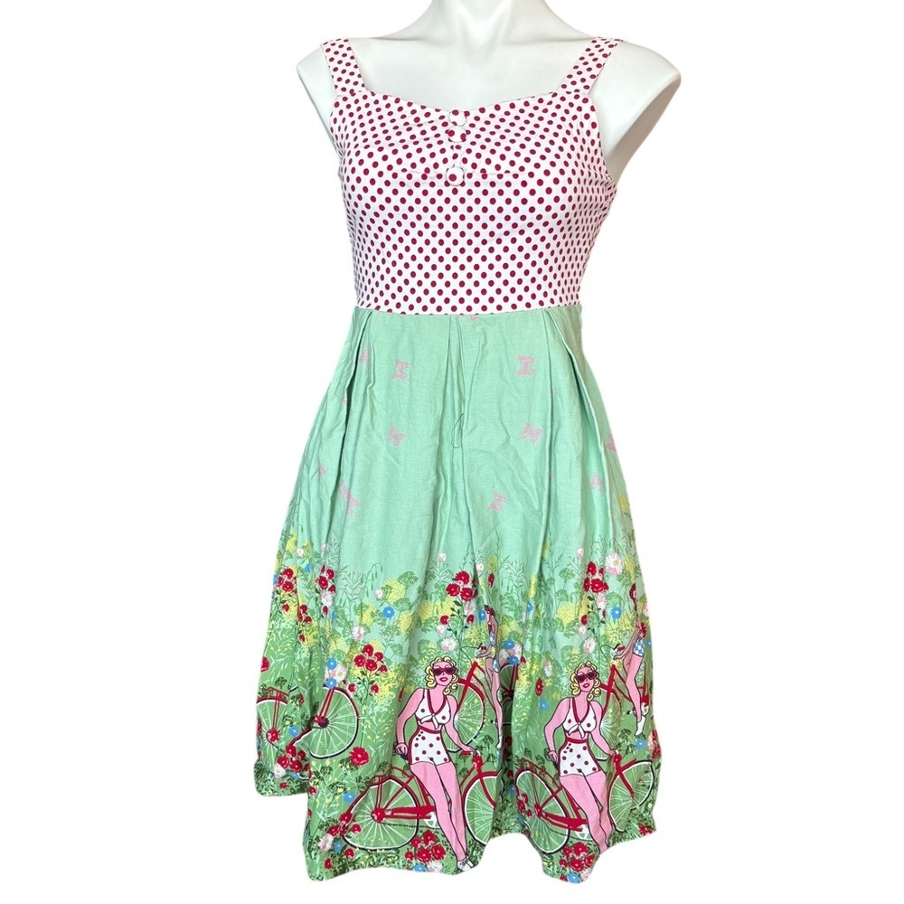 Retro Pin Up Rockabilly Polka Dot Dress Novelty Skirt Bicycles Medium 6